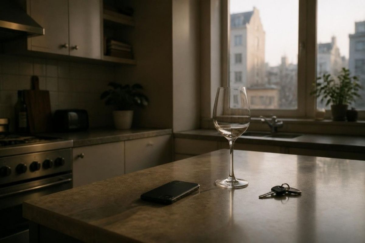 A kitchen counter the morning after, with an empty glass and a phone face down